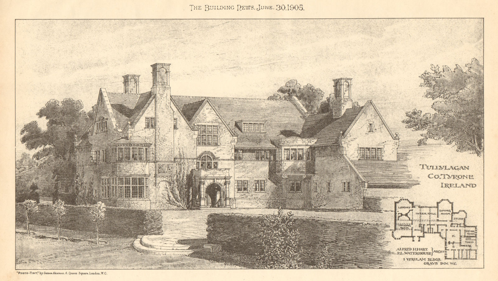 Tullylagan Co. Tyrone, Ireland, Hart & Waterhouse Architects. Not built 1905